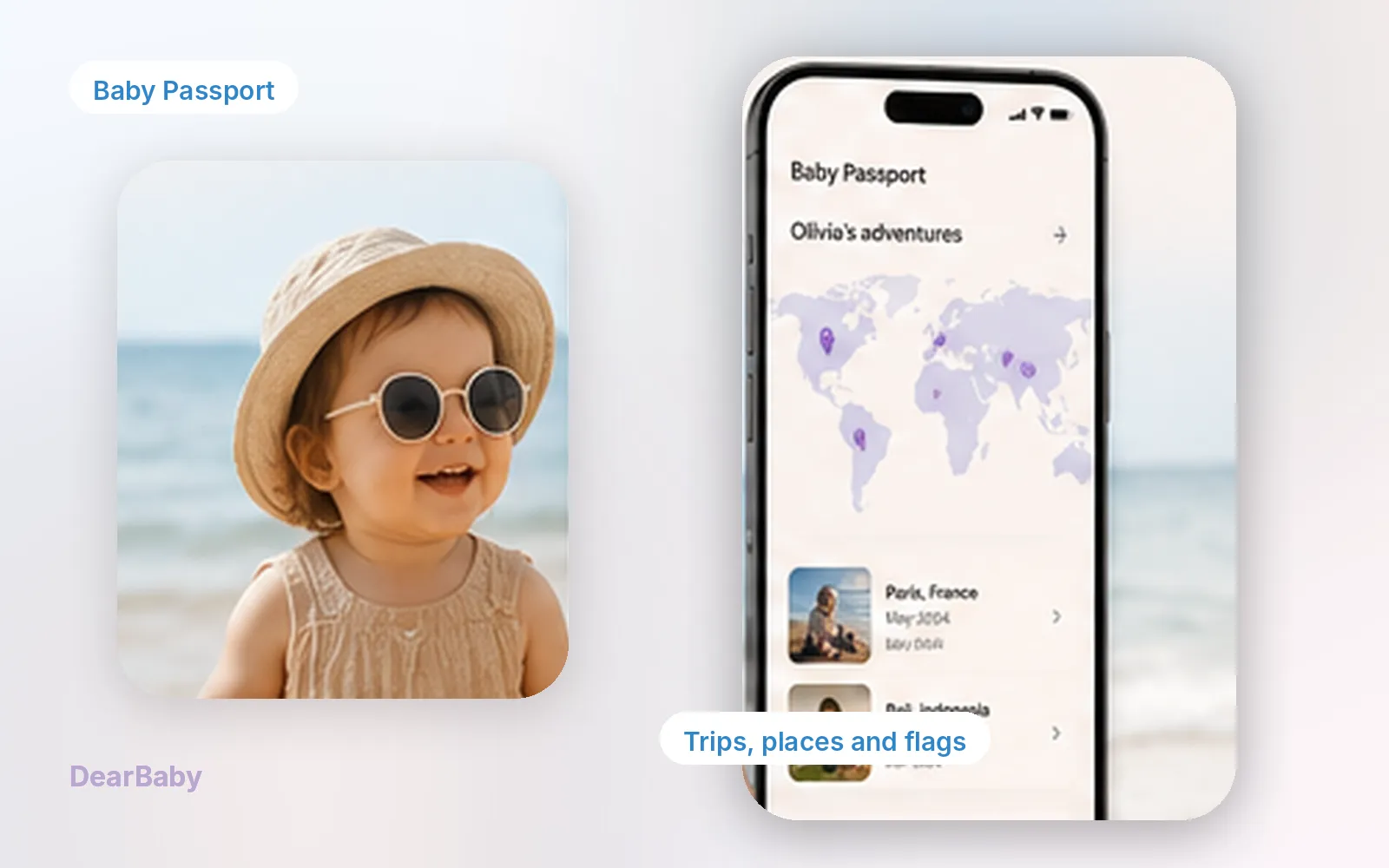 DearBaby Baby Passport feature mapping family trips and travel memories