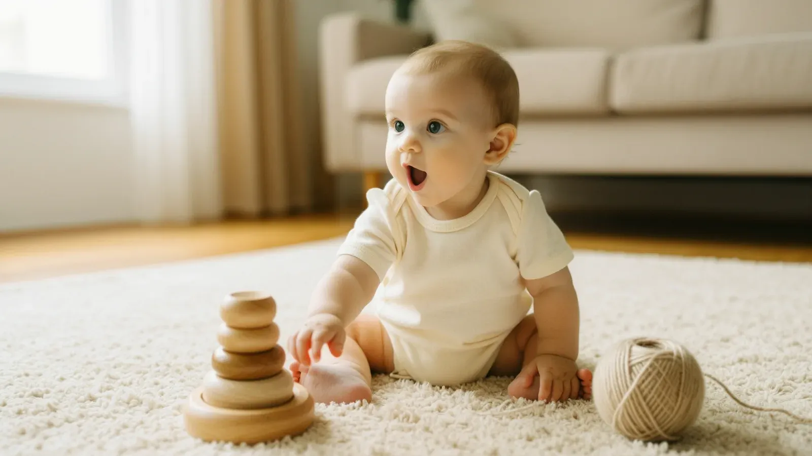 A toddler mid-sentence in a sunlit kitchen, looking up at a parent who is crouched to their level