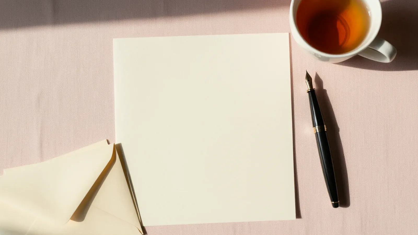 A handwritten letter on a wooden desk beside a pen and a folded muslin cloth, lit by afternoon light