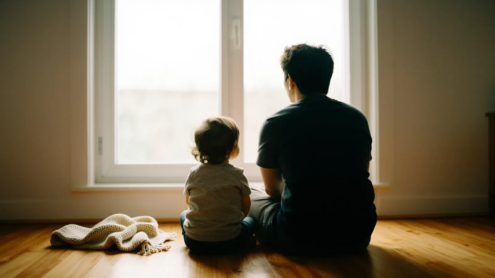 A parent and toddler sitting together by a window in soft daylight, seen from behind, with no phone in sight