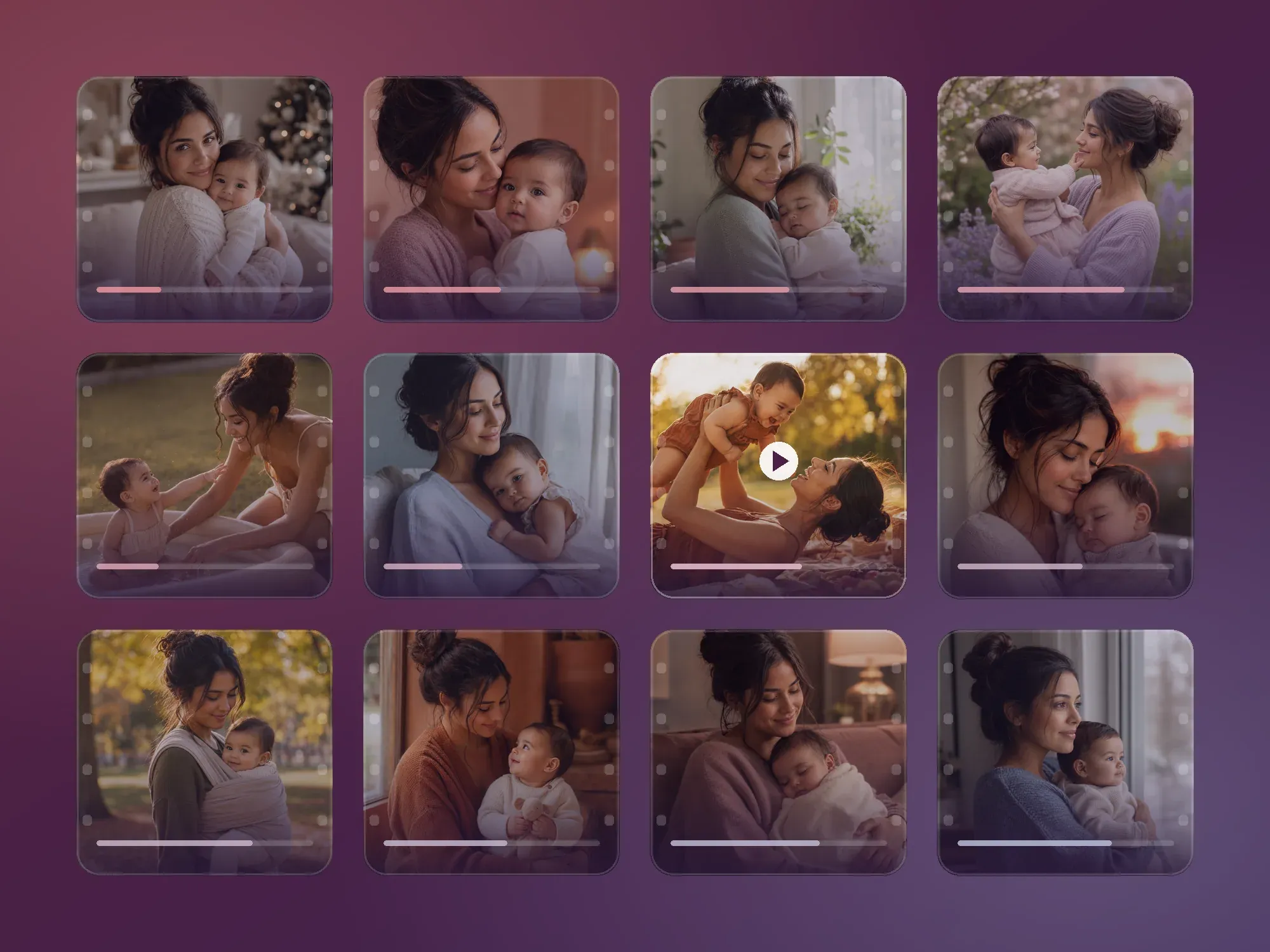 Twelve month frames on a dark board, each a photograph of the same child from one month of the year, with one month chosen and ready to play