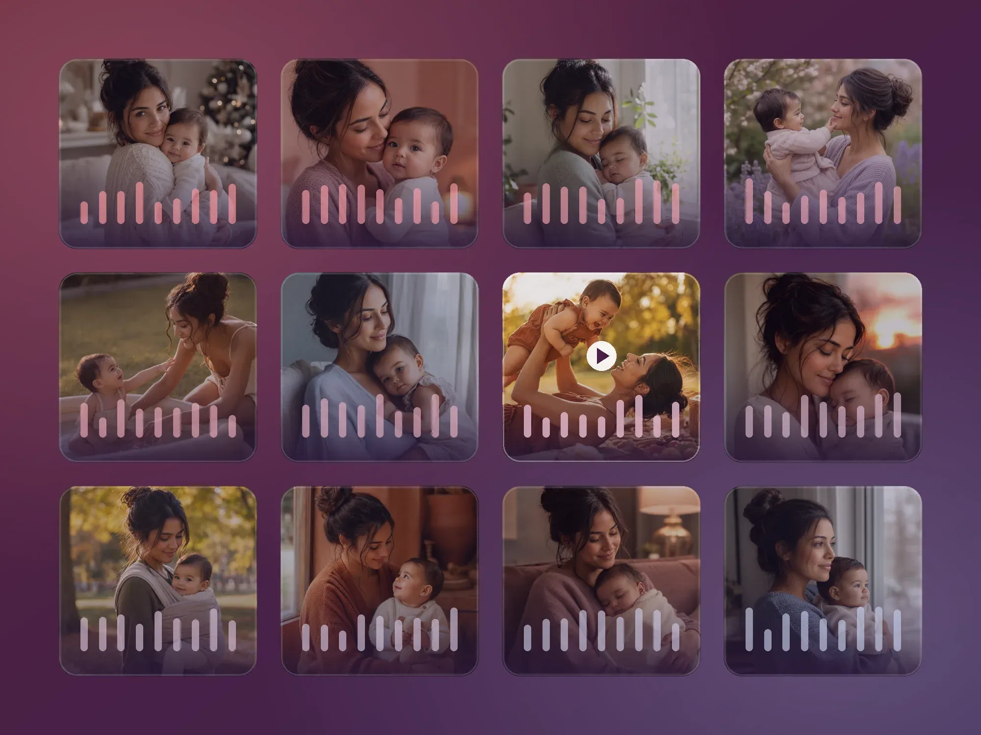 A grid of twelve tiles on a deep plum background, one for each month of a year, each holding a photograph of the same mother and baby with a soft rose or lavender waveform across it