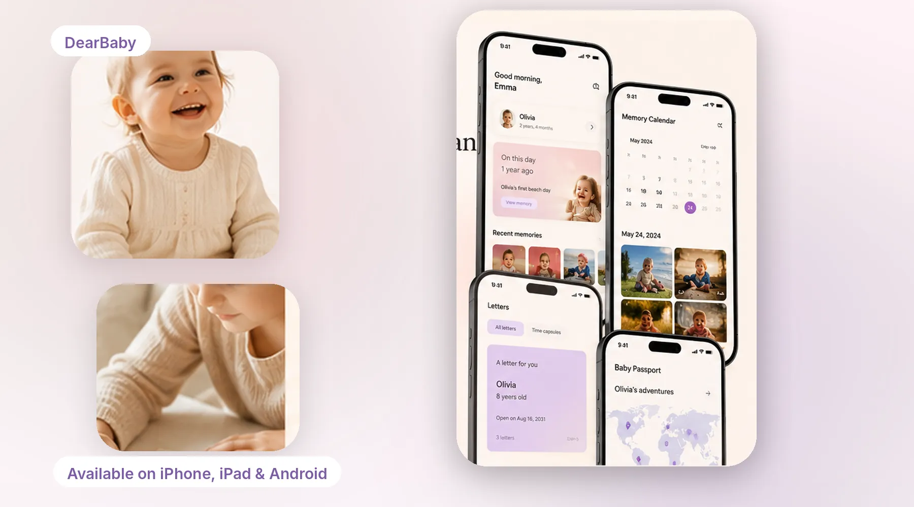 A parent holding a baby while using the DearBaby app to save a memory