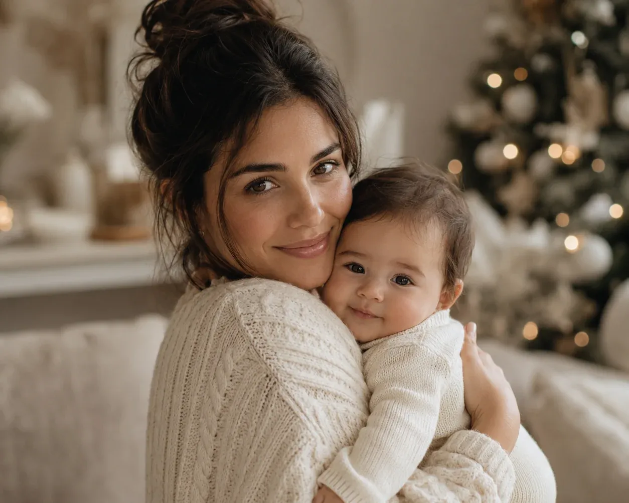 A mother holding her baby close, both in cream knitwear, a decorated tree lit behind them