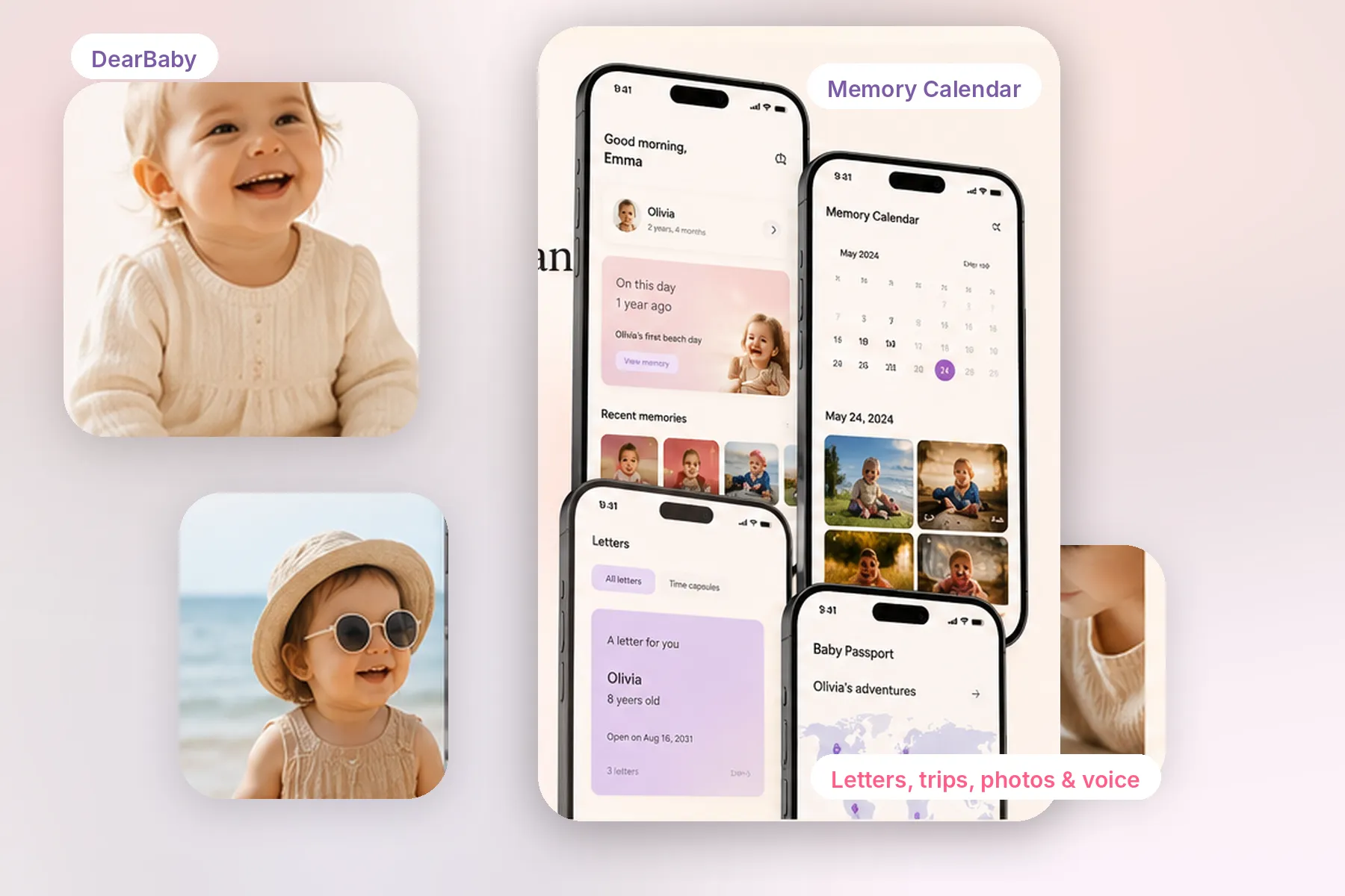 DearBaby app on a phone showing a baby memory vault with Memory Calendar, Letters Across Time, and Baby Passport