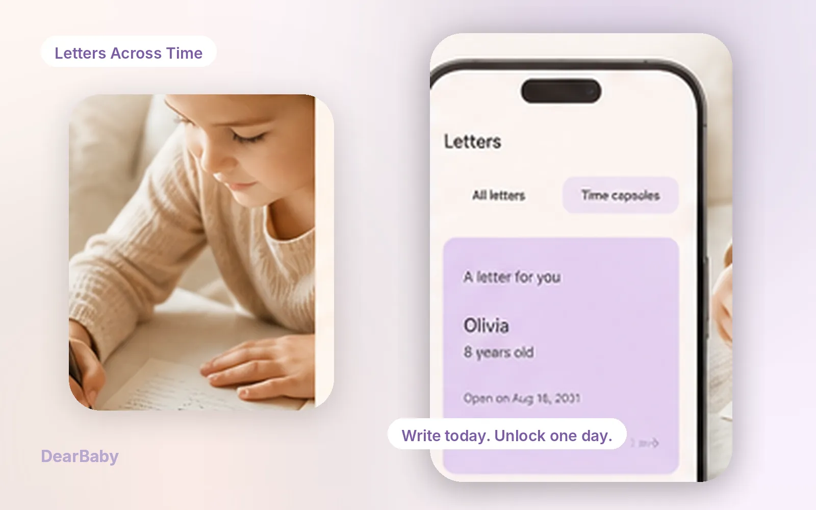 DearBaby Letters Across Time feature for writing letters to your child
