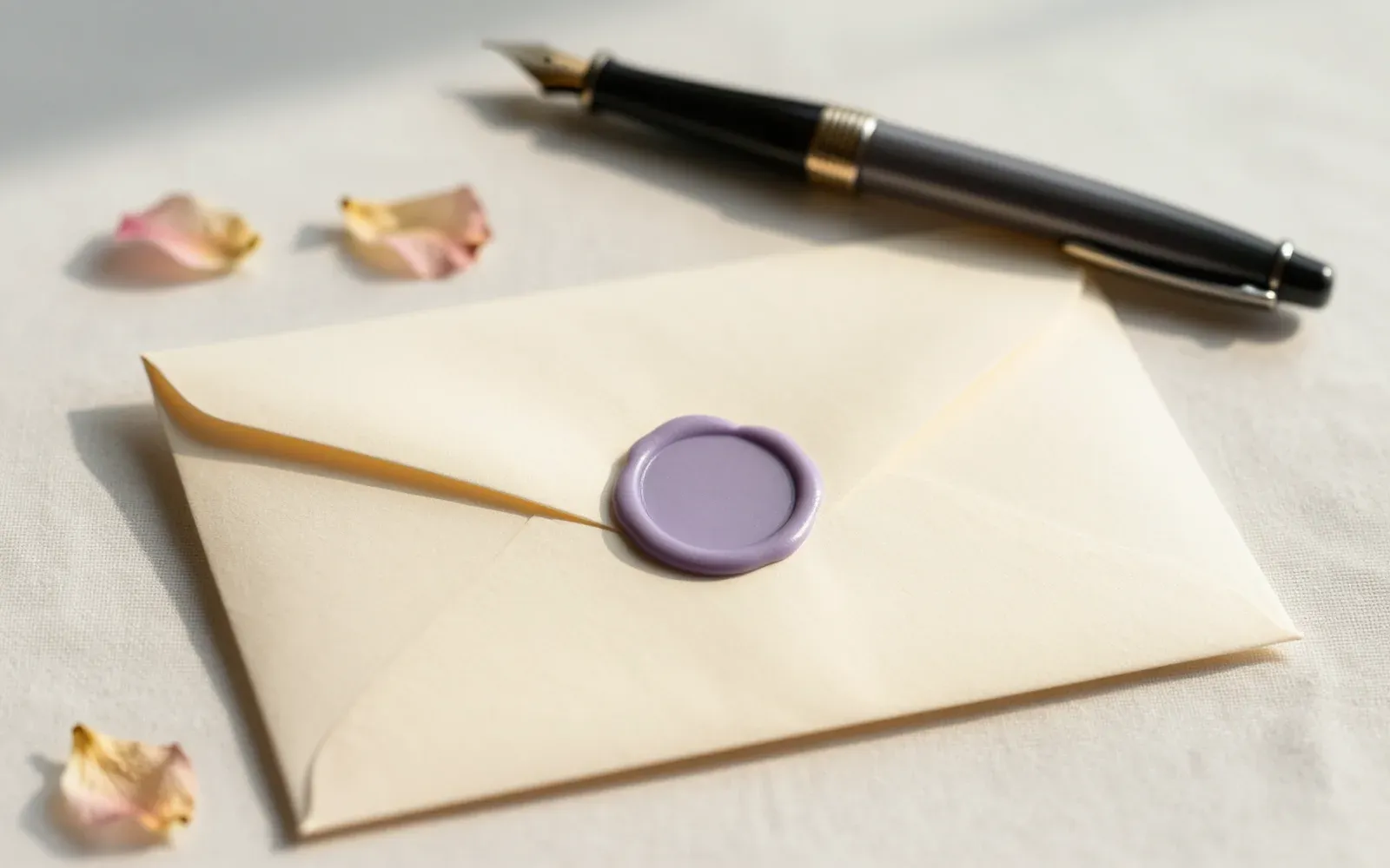 A sealed cream envelope with a lavender wax seal resting beside a fountain pen