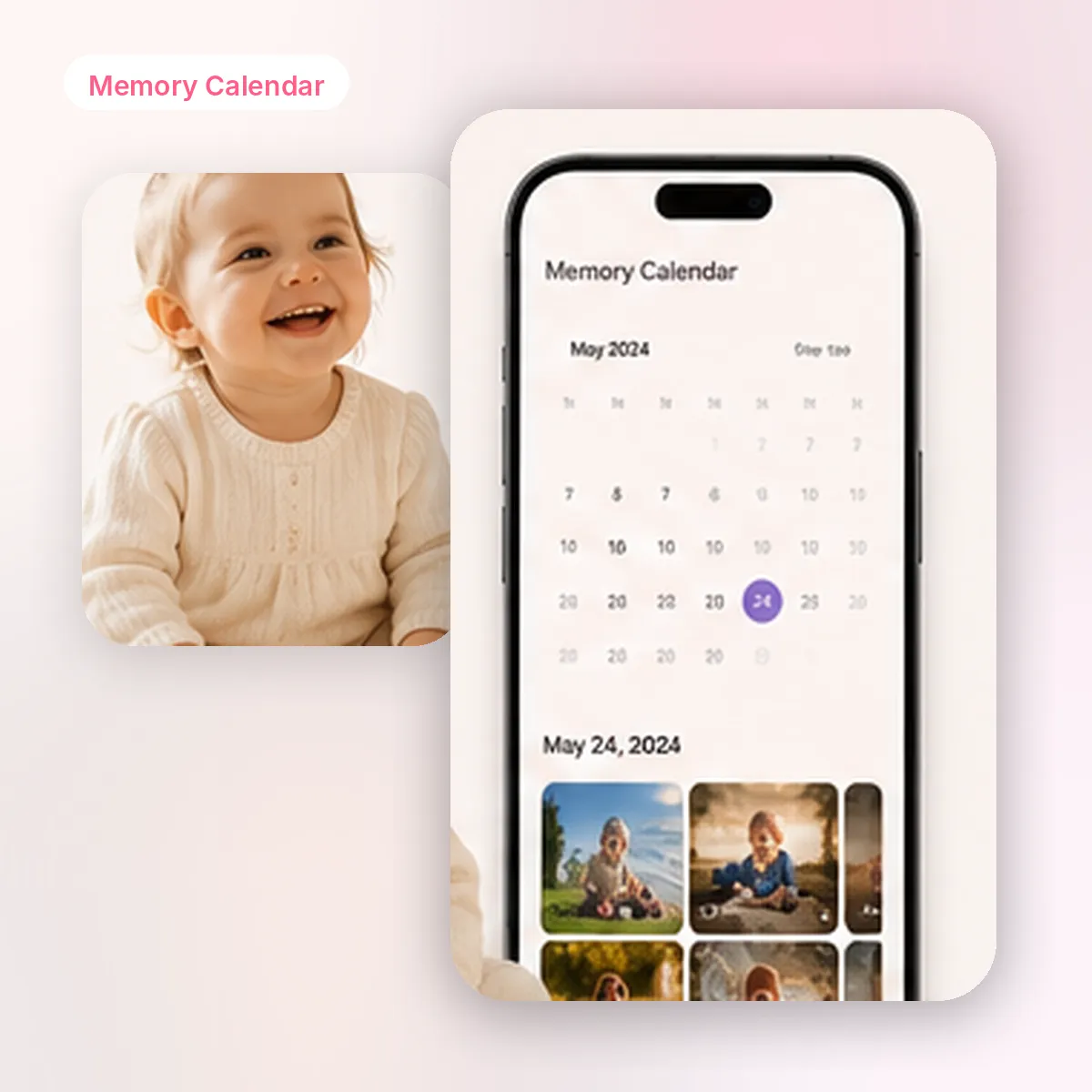 DearBaby Memory Calendar showing a month of baby photos and moments