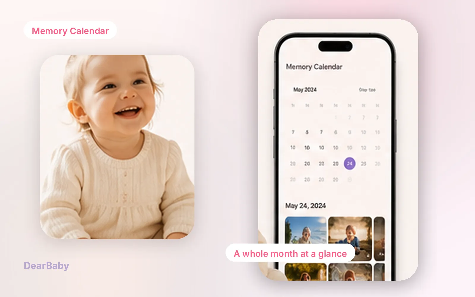 DearBaby Memory Calendar showing a month of baby photos and moments