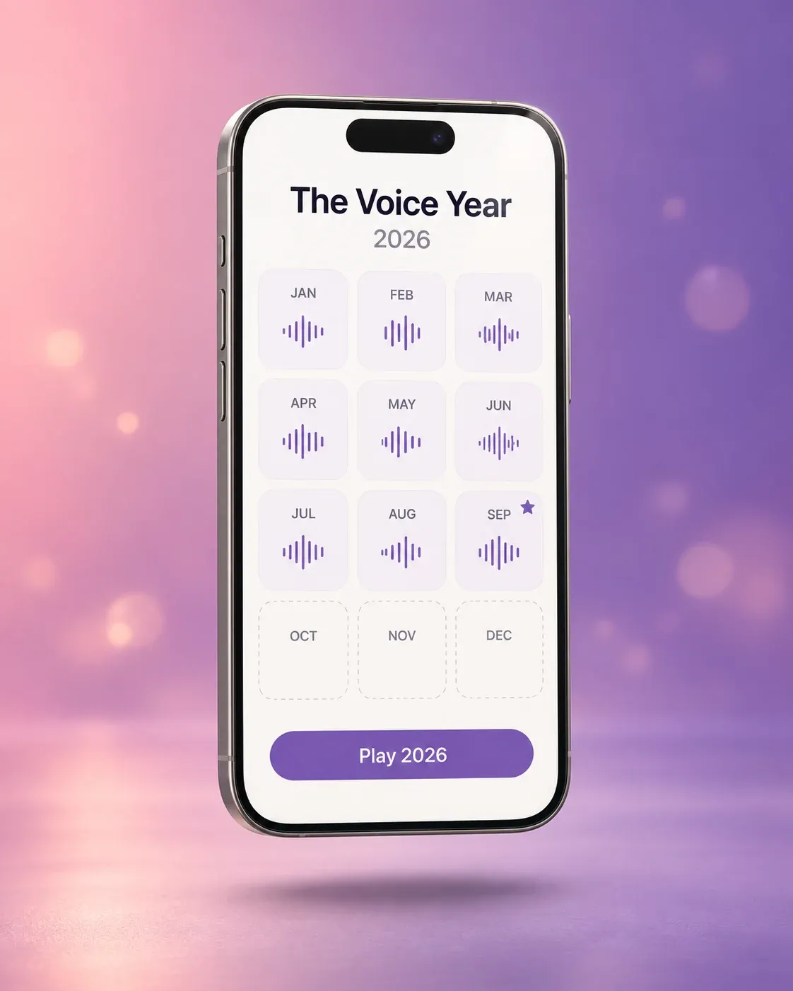 The Voice Year board in DearBaby: a phone showing 2026 as twelve month tiles, each recorded month holding a small waveform, the last three still empty, above a Play 2026 button